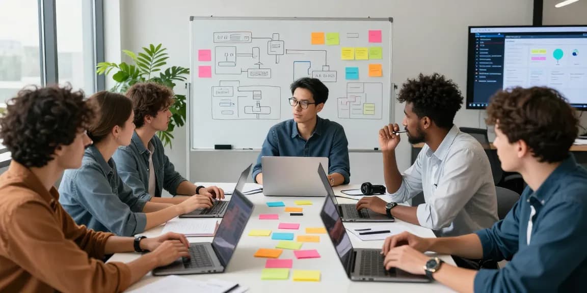 Team collaborating to build internal tools with AI in a modern workspace, showcasing technology integration and brainstorming.