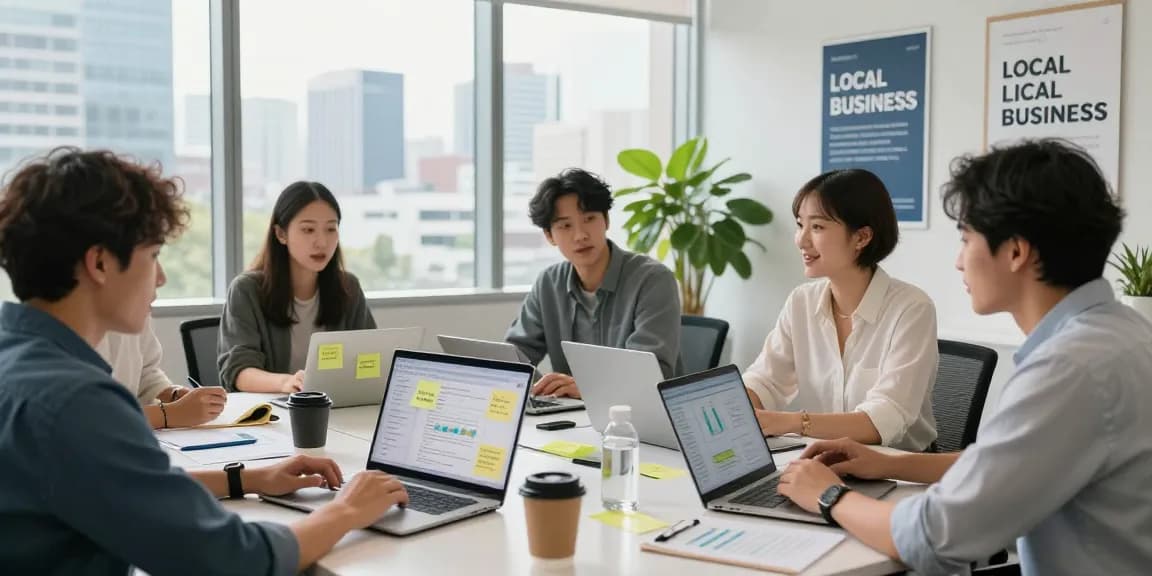 Equipo de agencia-seo-local.com trabajando en estrategias SEO locales en una oficina moderna.