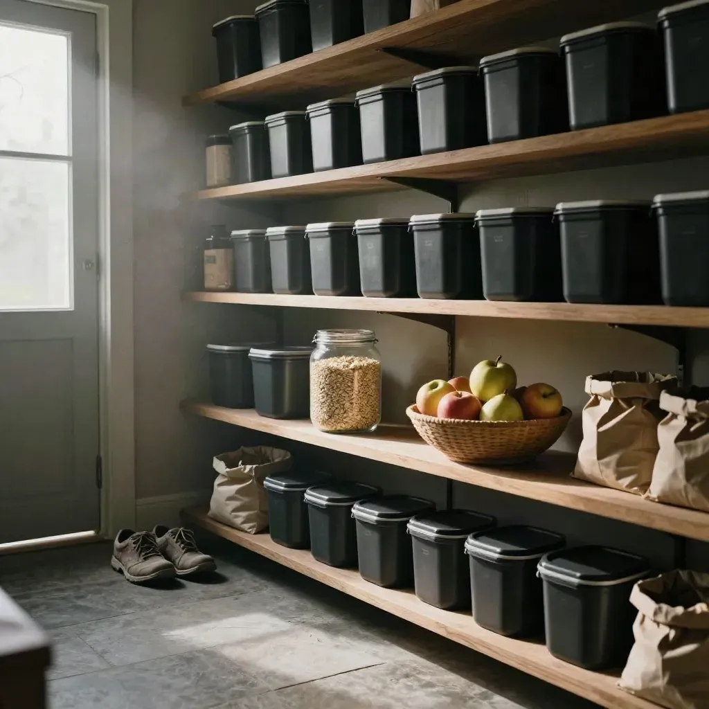 Despensa ordenada con comida porcionada, fruta, avena y zapatillas junto a la puerta.