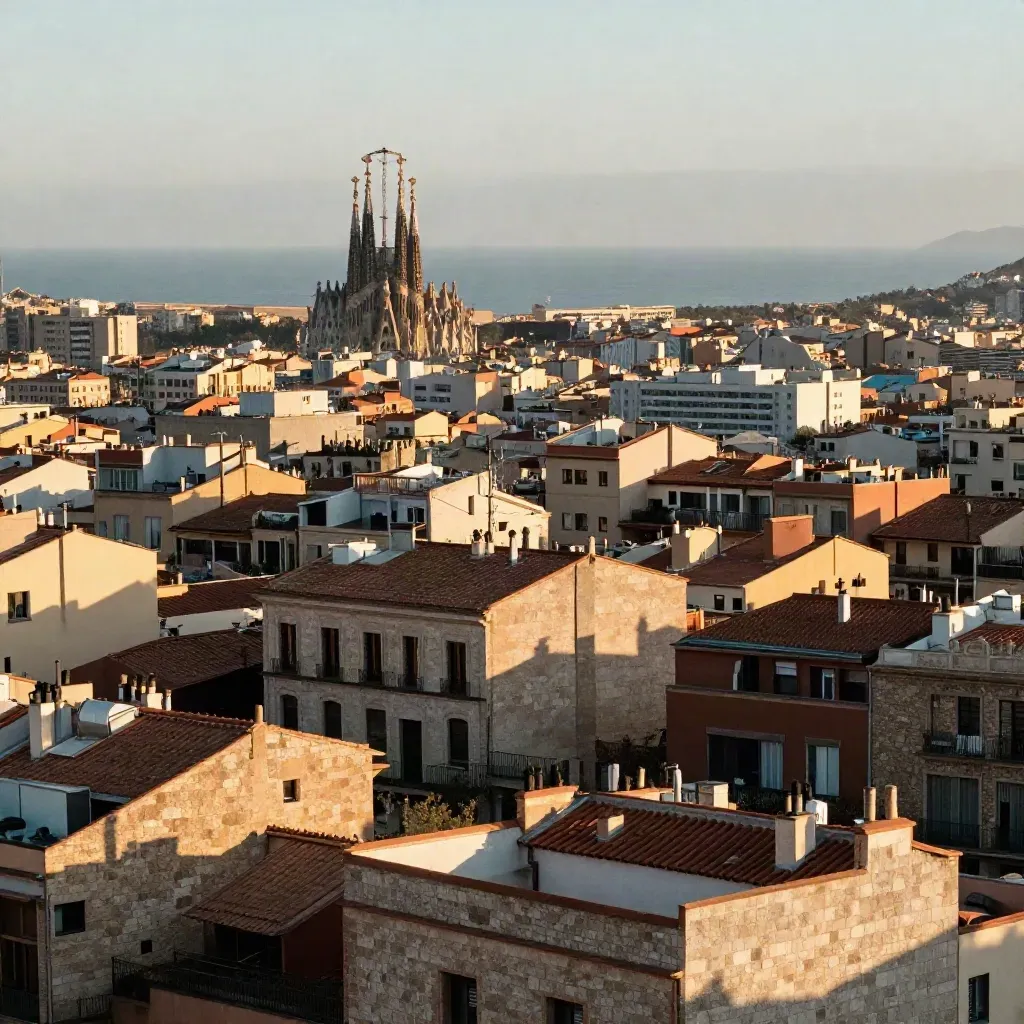Vista dorada de Barcelona con la Sagrada Família y bruma marina.