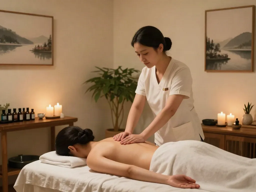 신촌출장안마 massage therapy in a serene upscale studio with calming decor.